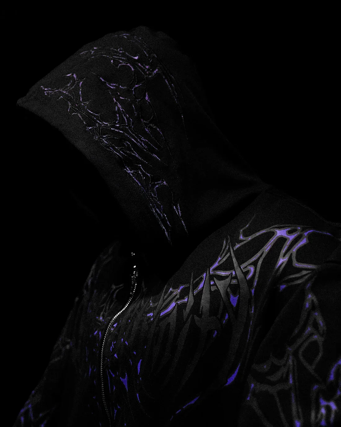 سترة Shadow Monarch Collab بغطاء للرأس كبيرة الحجم بسحّاب على الطراز القوطي ملابس الشارع الشهير من القطن المتعثر Y2K شعار منفعل فضفاض مناسب للجنسين