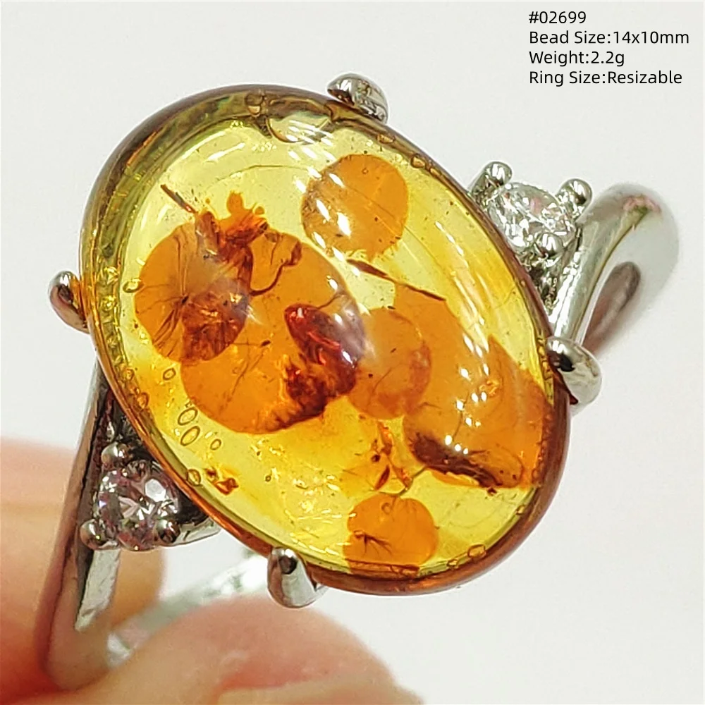 Natural Yellow Piebald Amber Adjustable Ring Genuine Gemstone Ring Women Oval Amber Bead 925 Sterling Silver AAAAA