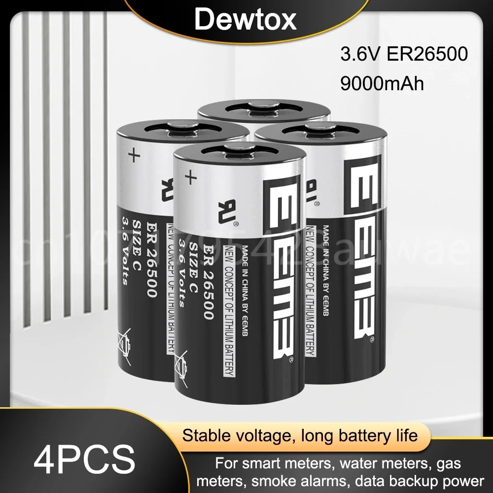 4PCS 3.6V 26500 C Size Batteries 9000mAh ER26500 Lithium Battery Non-rechargeable for Water/Gas Meter Window Sensor Home Monitor