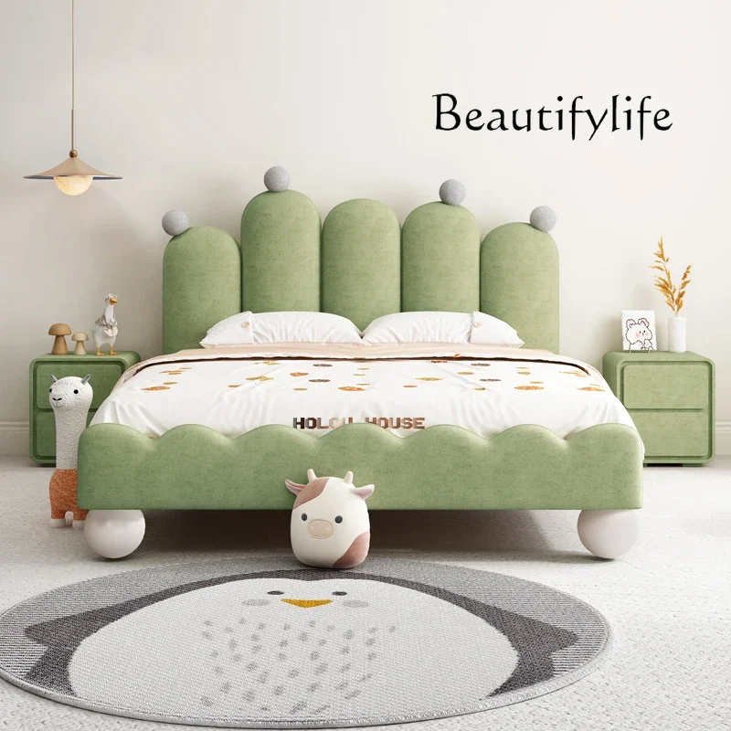 X Solid Wood Childlike Cream Wind Fabric Bed Personalized Creative Cactus Soft Bed