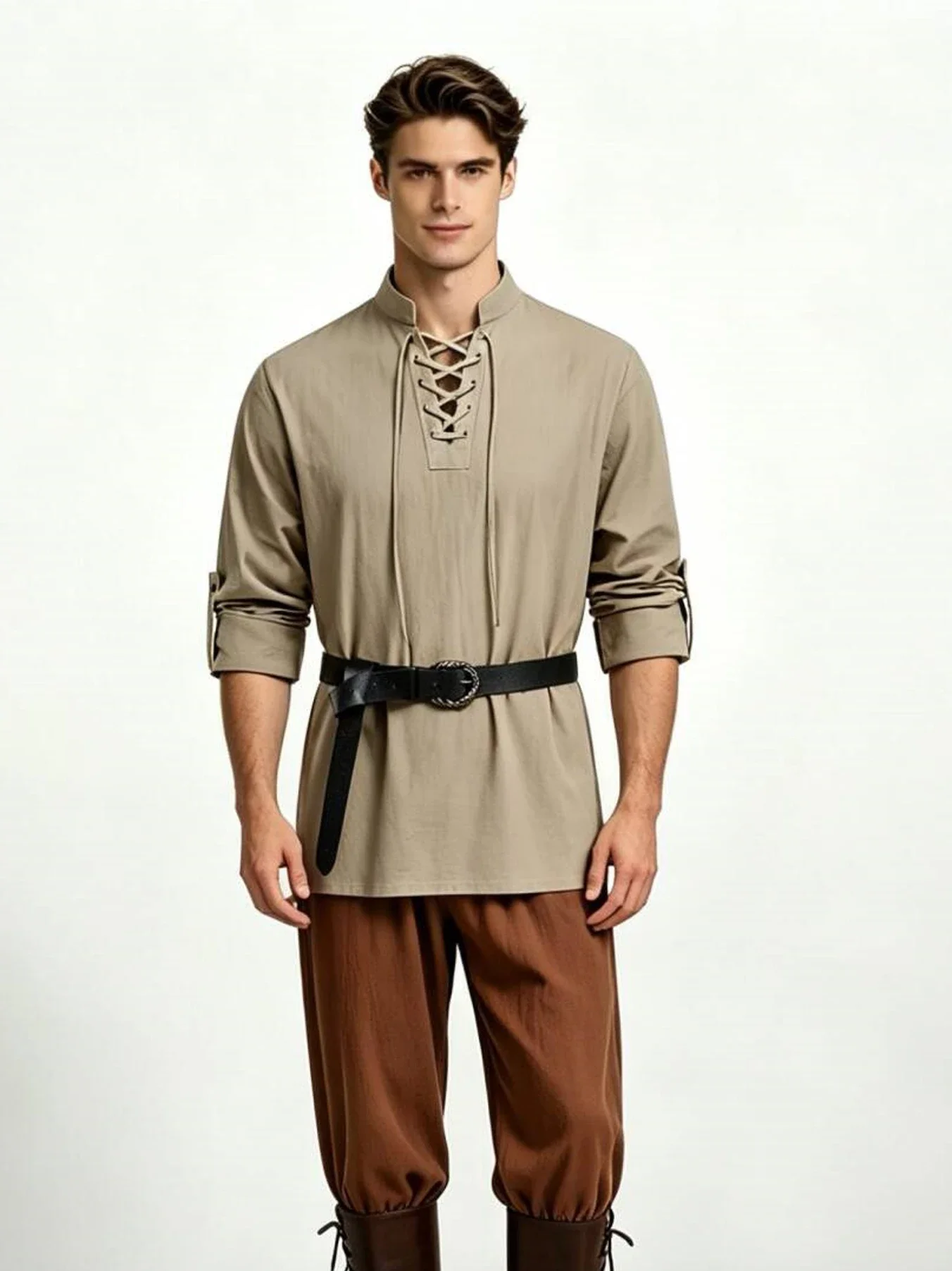 Men's Medieval Lace Up Tunic Shirt Renaissance Viking Pirate Costume Long Sleeve Retro Tops with Belt for Halloween Cosplay