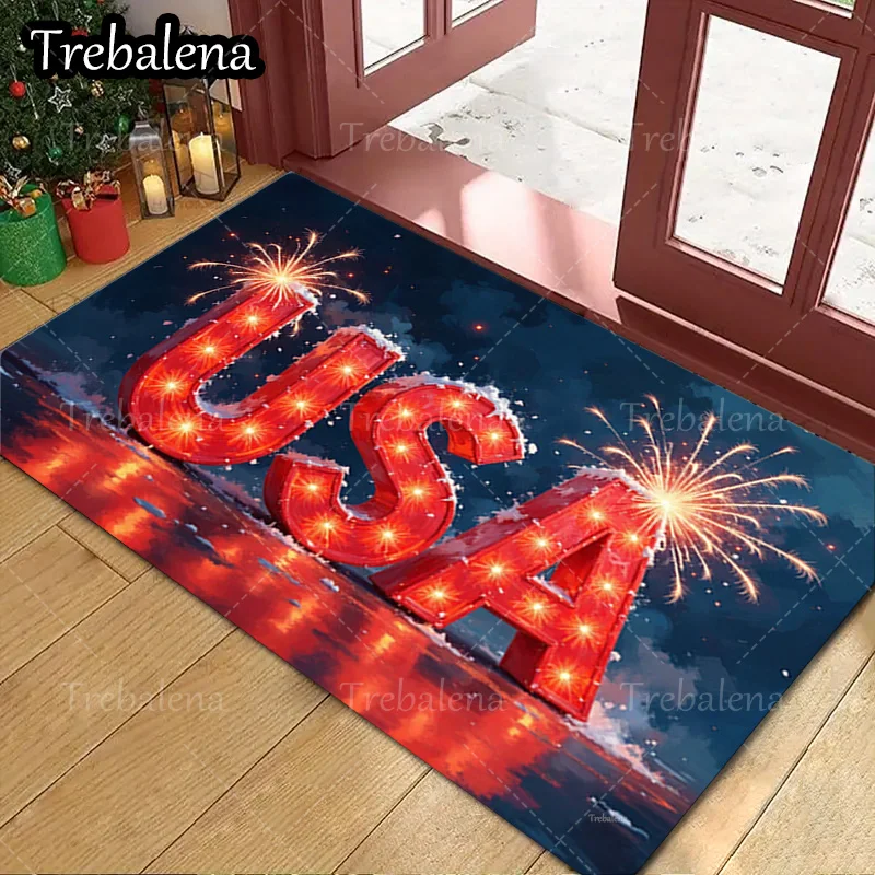 

1pc Welcome Door Mat USA Flag Fireworks Doormat Patriotic Welcome Mat for Home Decor