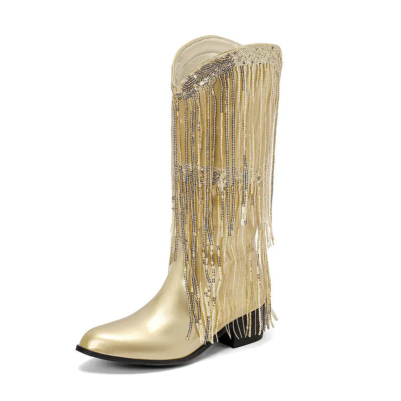 

New Designer Fringe Sequins Knee-high Boots Pointed Toe Chunky Heeled Long Boot Female Silver Booties For Women Stage Show Shoes