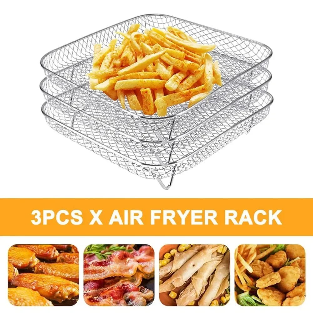 8inch Square Air Fryer Grill 3 Layer Stainless Steel Vortex Fryer Fried Chicken Fries Cooling Rack for Kitchen Air Fryer Tools