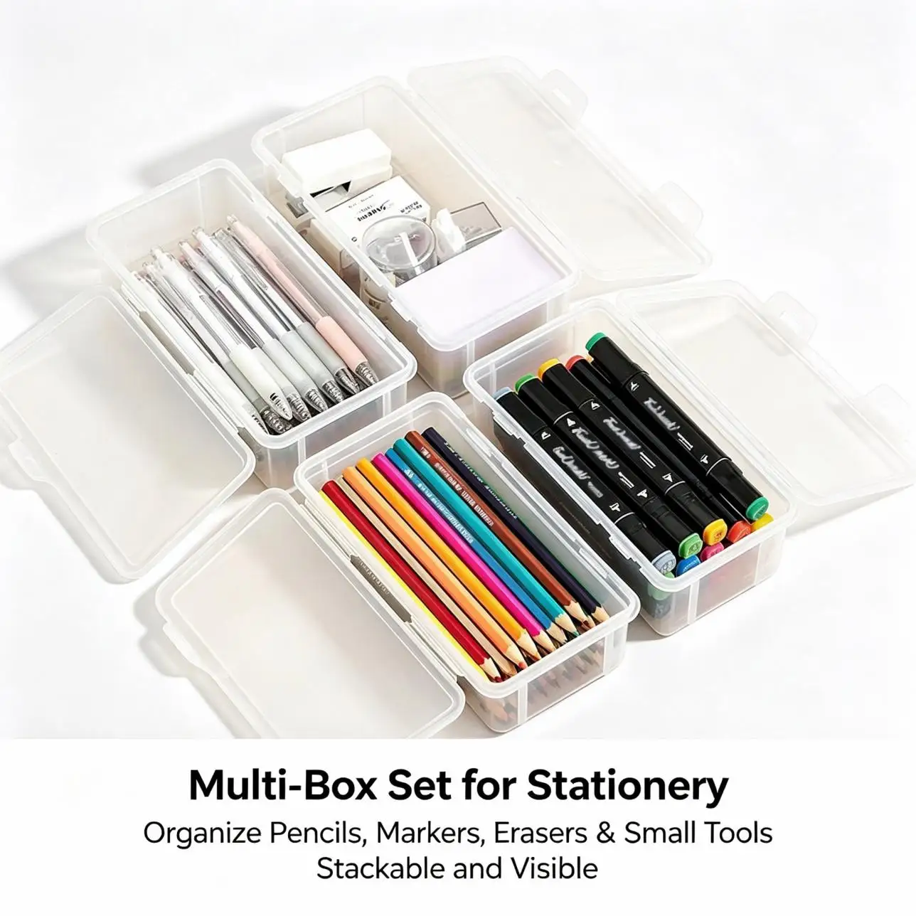 Transparent PP Storage Boxes with Lids, Used for Storing Office Supplies, Pencils, and Crafts
