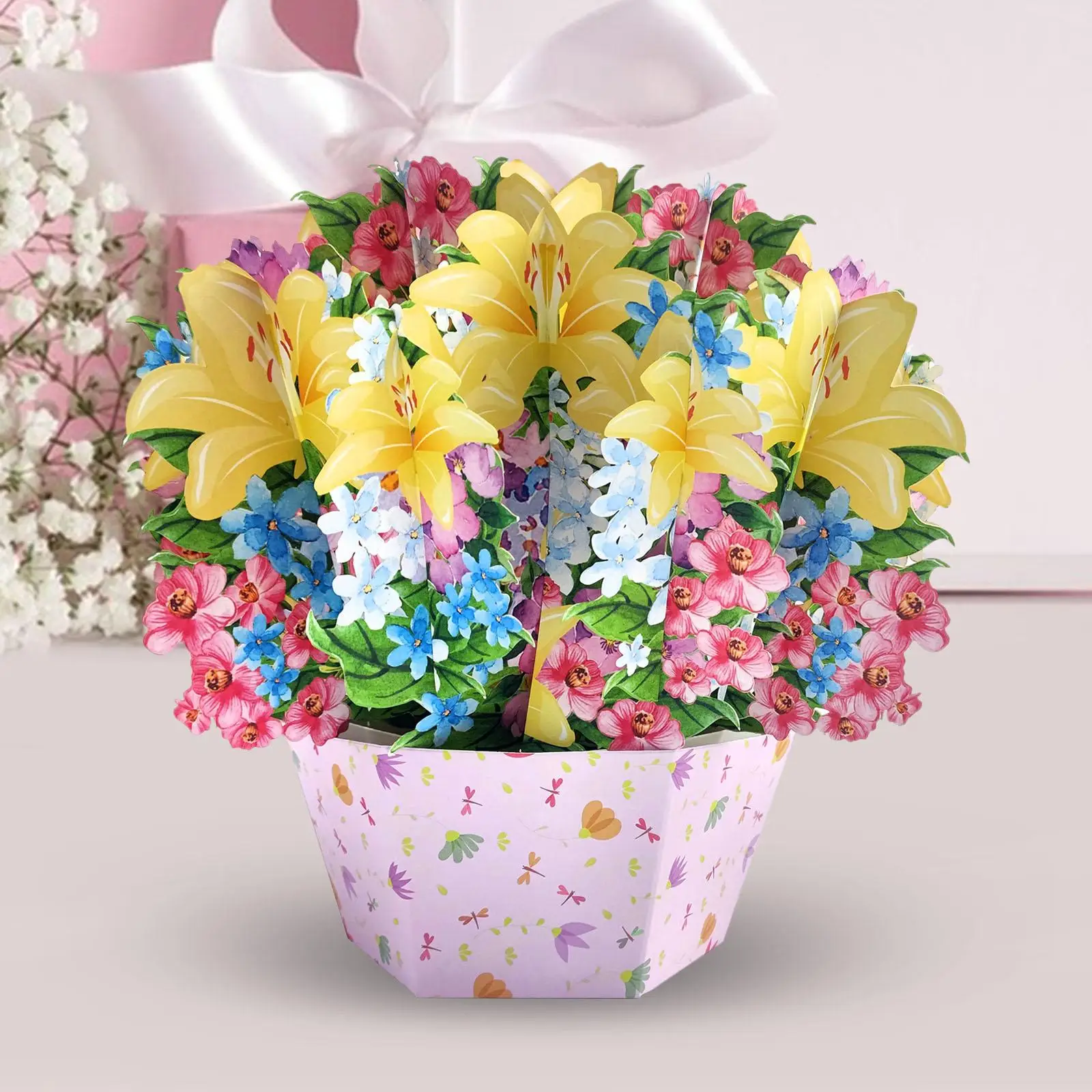 Mother's Day Flower Basket with Envelope Romantic Folding 3D Flower Basket for New Year Anniversary Birthday Wedding Celebration