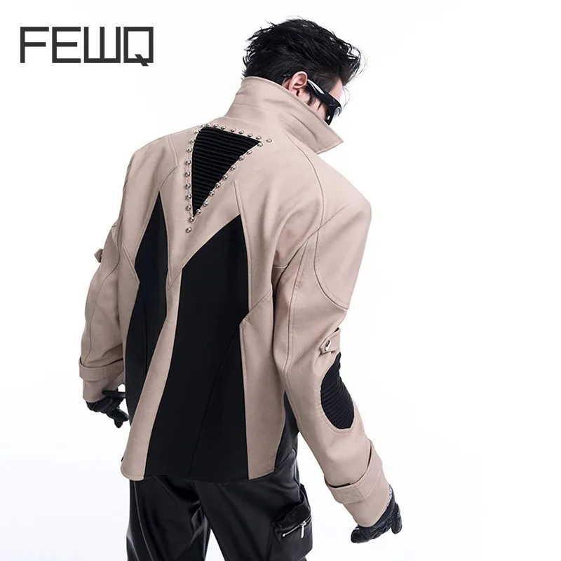 

FEWQ Deconstructive Design Pleat Splicing PU Leather Men's Jacket Metal Punk 2024 Contrast Color Male Tops Fashoin 24E2142