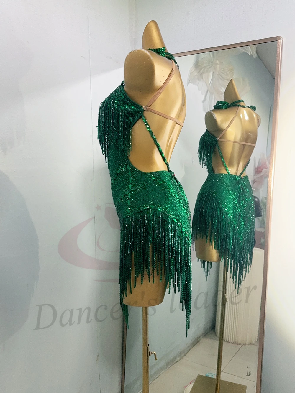 Costume de danse latine AB Stone pour femmes et enfants, robe verte Jade personnalisée haut de gamme, robe de spectacle Samba