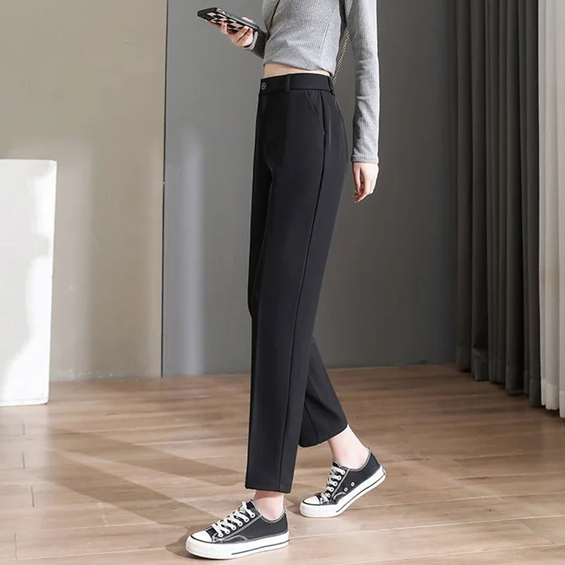 Spring Summer Office Lady Rice Apricot/black Nine Points Straight Trousers Womens All-match Button Patchwork Pockets Suit Pants