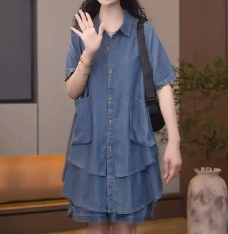 

High End Solid Color Denim Cardigan Shorts Two-Piece Set Flesh Blocking Loose & Stylish Set, Summer 2025 Women's Fashion Dresses