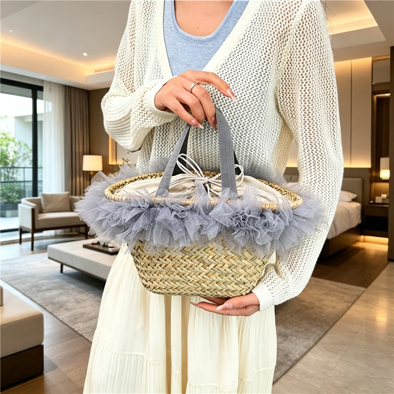 

Плетеная сумка с бамбуковой ручкой ручной работы, женская сумка в ретро-стиле, с декоративной строчкой, сумка-корзина для повседневного использования