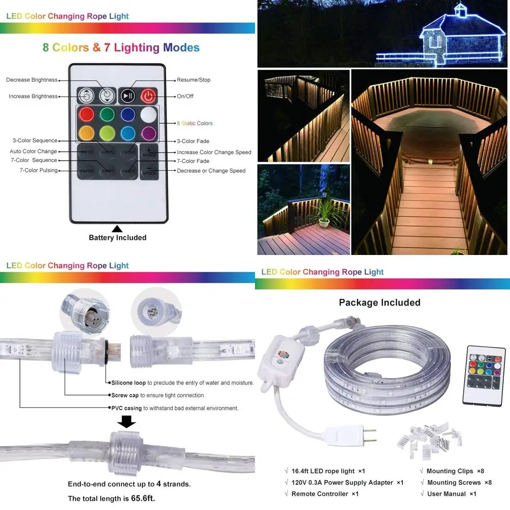

Гибкие светодиодные RGB-ленты с пультом дистанционного управления, 8 цветов, с питанием от сети, водонепроницаемые, для внутреннего и наружного использования