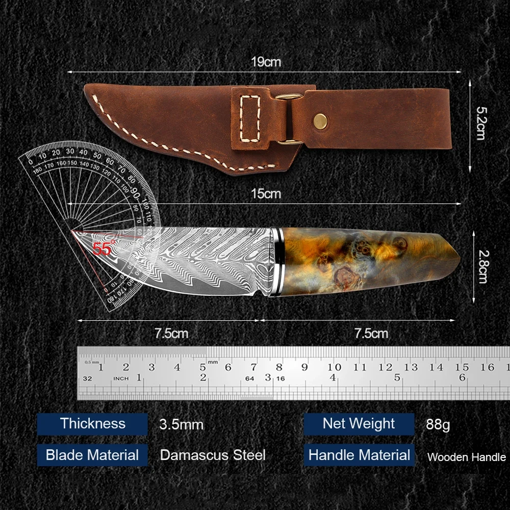 XITUO Fixed Blade Hunting Knife Fruit Knife Damascus Steel Blade Stable Wooden Handle with Leather Sheath for Outdoor Camping view 2