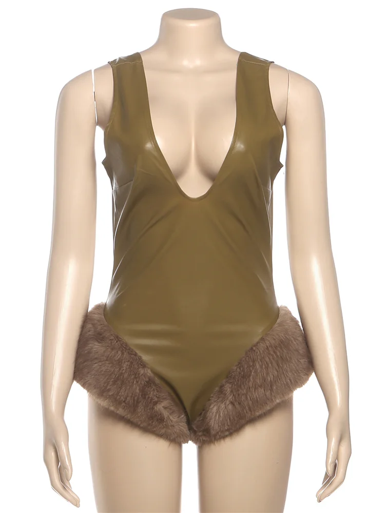 Bizarre chat Hipster dos nu PU body femmes fourrure Patchwork col en v profond sans manches Sexy Hottie maigre haute rue Clubwear