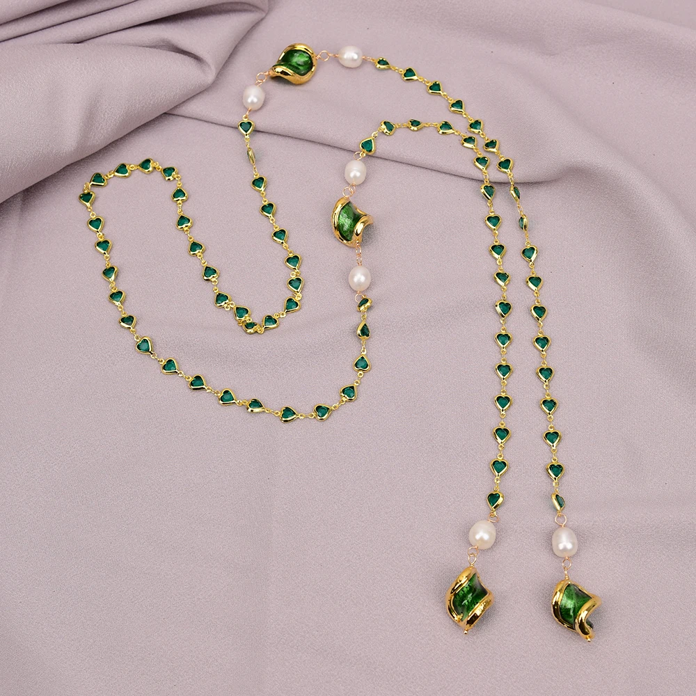 

G-G 49'' Cultured White Rice Pearl Green Murano Glass Heart Crystal Sweater chain Long Necklace Lady Cute Jewelry Gifts