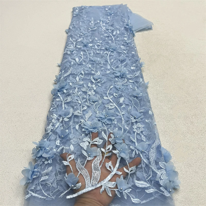 Luxury African Lace Fabric, SKY BLUE 3D Flower Tulle Lace Fabric, Applique Embroidered Nigerian Fabric for Sewing, 5 Yards,2024