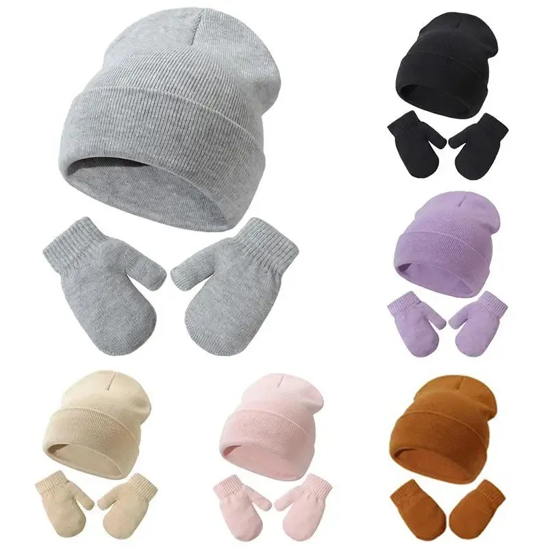 Winter Warm Hat Gloves Set Toddler Solid Color Kids Knit Bonnet for Boys Girls Baby Fall Cap Newborn Infant woolen Beanies hats