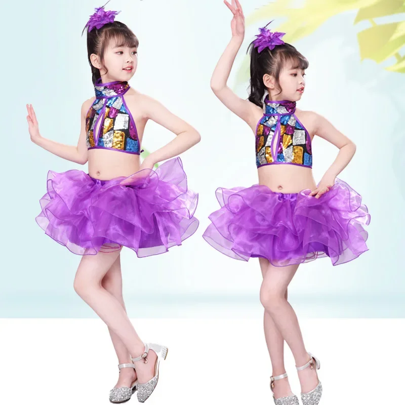 子供のためのショーコスチューム,モダンなジャズダンス服,ふわふわのスパンコールスカート,ステージパフォーマンス服,女の子のためのファッション