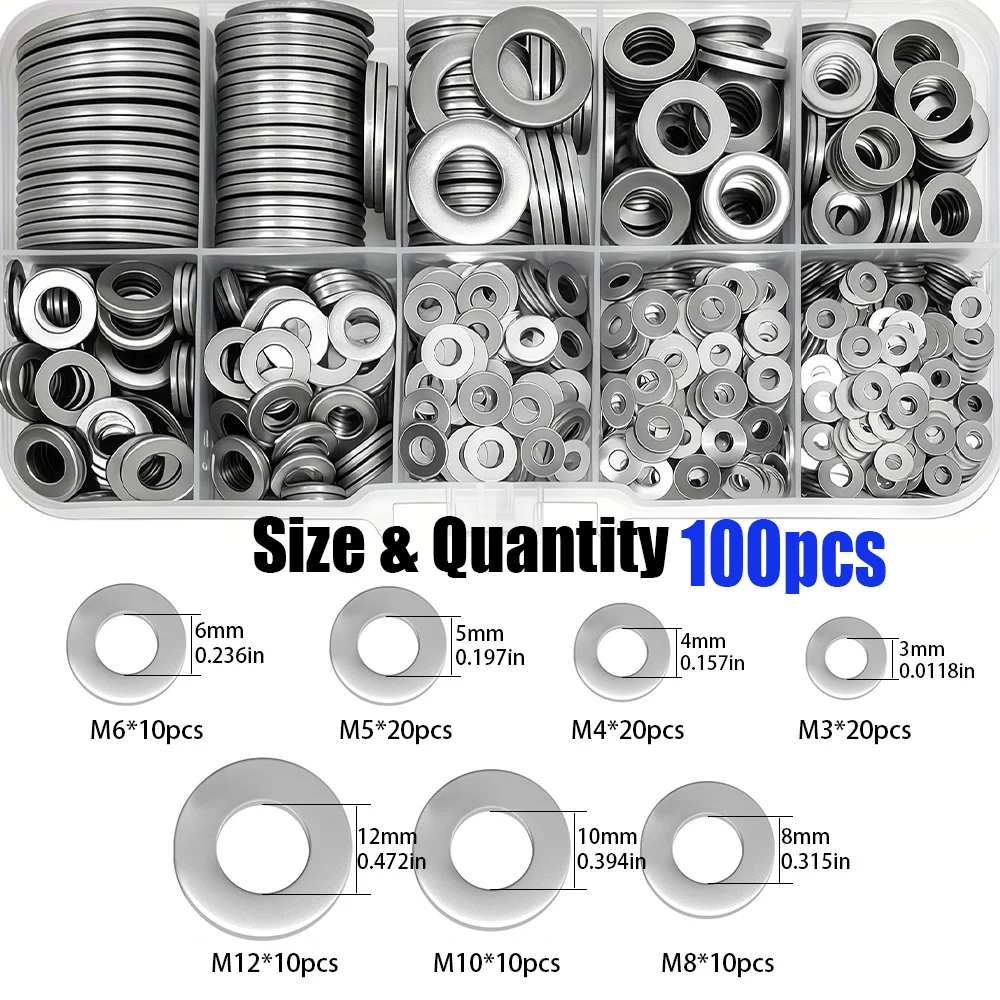 100-Piece Stainless Steel Flat Washer Set M3 M4 M5 M6 M8 M10 M12, for Home, Kitchen, Shop and Outdoor Building Maintenance.