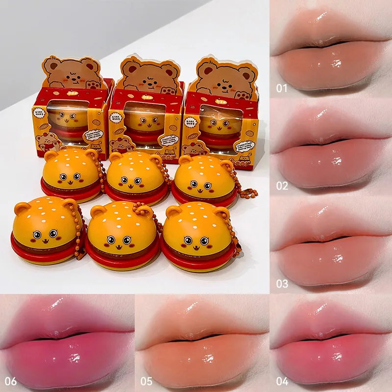 Cute Burger Mirror Dewy Lip Gloss GEGE BEAR 6 Colors Moisturizing Longwear Portable Keychain Lip Glaze Korean Makeup Cosmetics