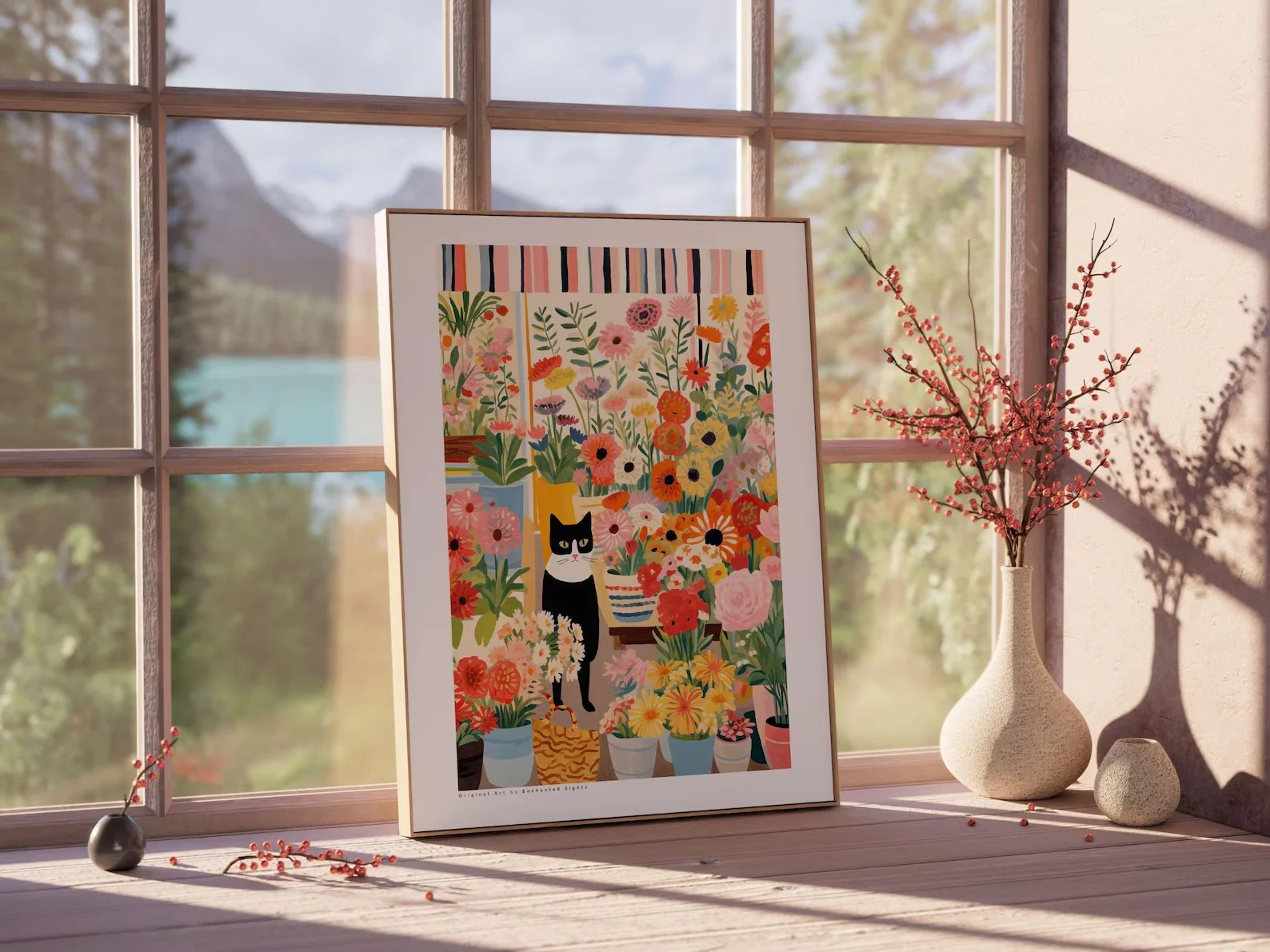 Poster Kucing Hitam Putih dengan Bunga - Gambar Seni Kucing Ilustrasi Kucing Dekorasi Dinding Bunga Hadiah Ideal untuk Pecinta Kucing