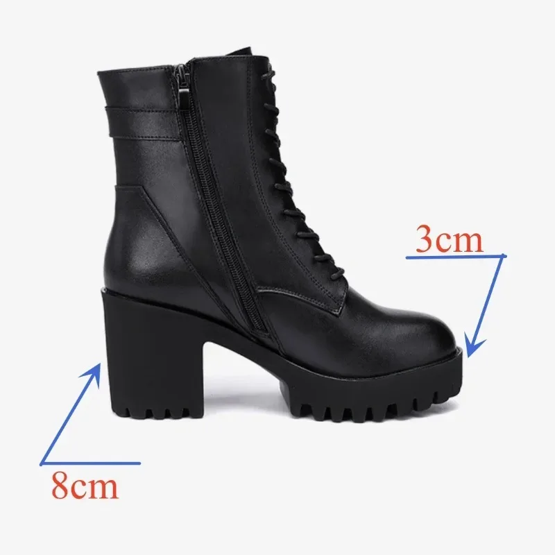 8cm Block High Heel Ankle Snow Boots Women Winter Genuine Leather Platform Shoes with Fur Small Size 32-43 Warm Daily Footwear view 6