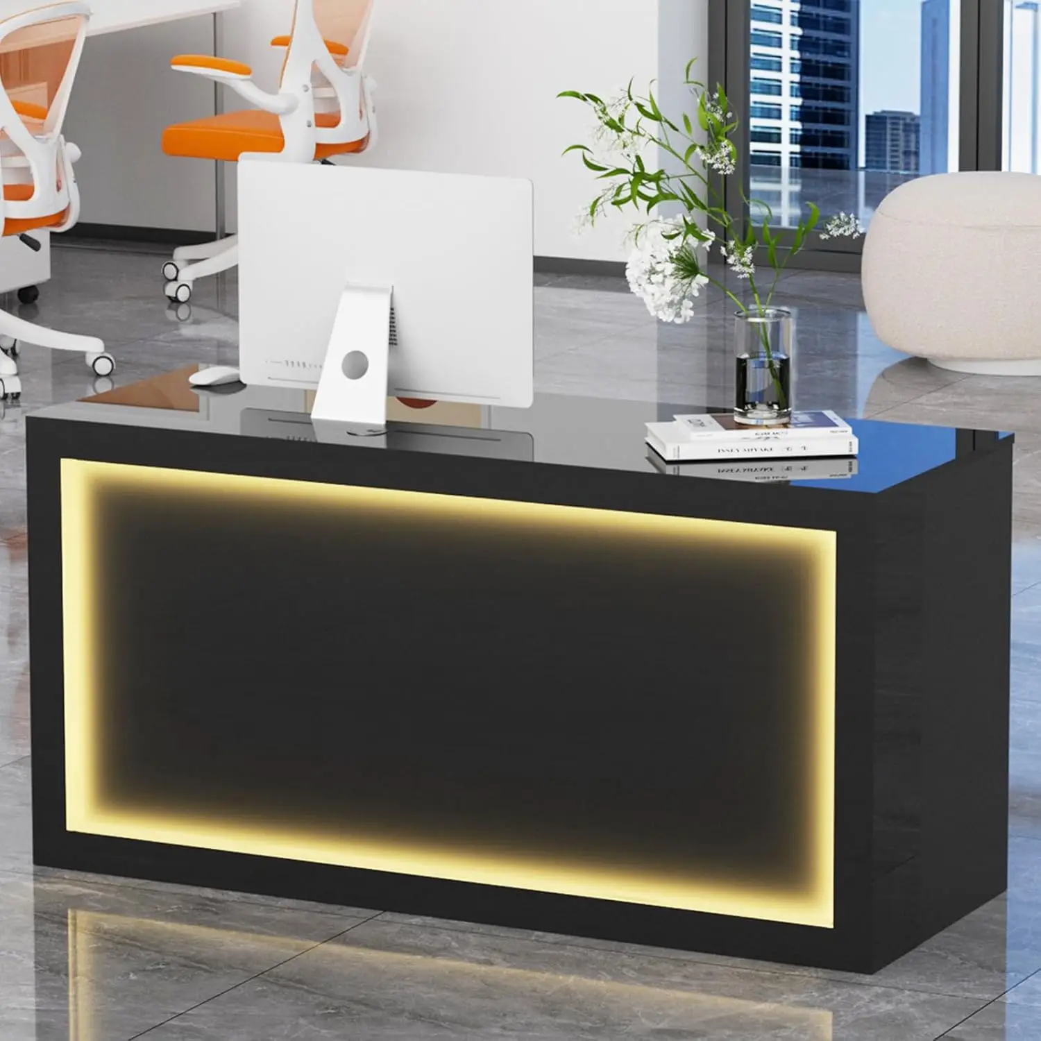 Modern Reception Desk, Solid Wood Reception Desk with Counter, Check Out Stand with Lockable Drawer & Cabinet