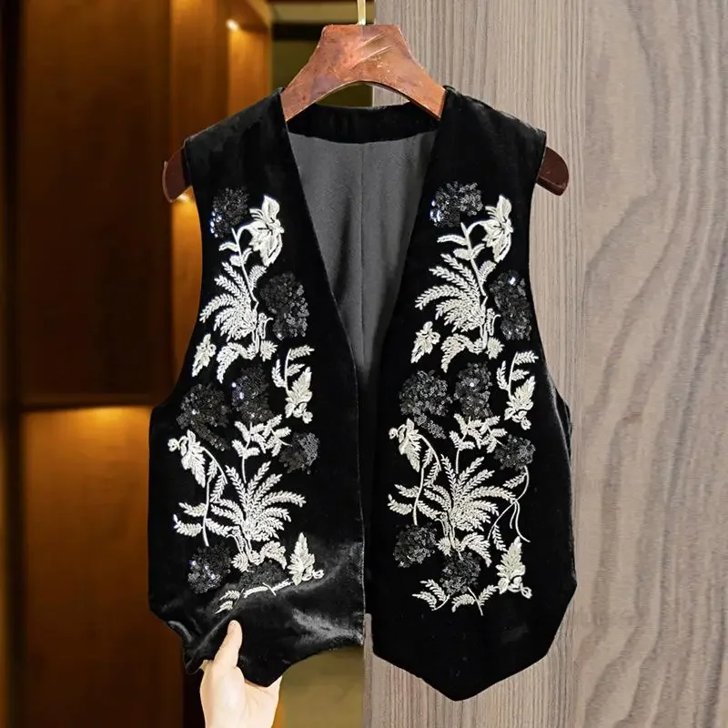 

Embroidery Flower Chinese Style Top Women Velour Tang Clothes Qipao Lady Black V-Neck Vest Vintage Clothing Waistcoats Outerwear