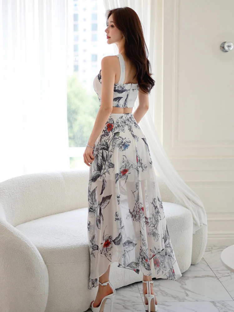 فستان طويل نسائي مطبوع على الشاطئ ، ملابس أنيقة مجوفة أنيقة ، حبال مثيرة رداء ماكسي ضيق ، فستان حفلة عيد ميلاد ، الصيف