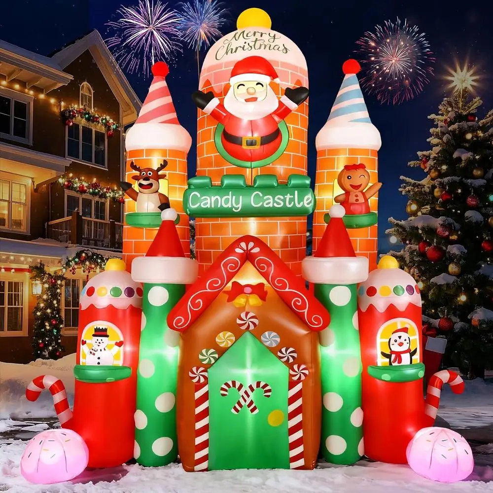 Castelo de Doces Gigante Inflável 11T para Decoração Externa com Luzes LED Integradas, Inflável com Papai Noel, Rena e Biscoito de Gengibre