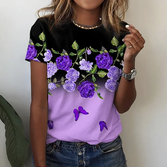 Fashion 3D Flower Pattern Women's T-Shirt Casual O-neck Short Sleeve Tops Street Trend Female Clothing Summer Loose Tee Pullover