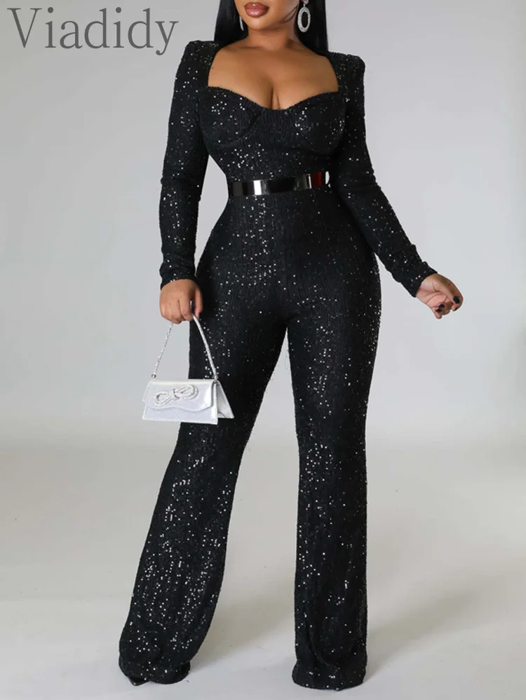 

Women Sexy Solid Color Long Sleeve Glitter Sequin Decor High Waist Wide Leg Jumpsuits