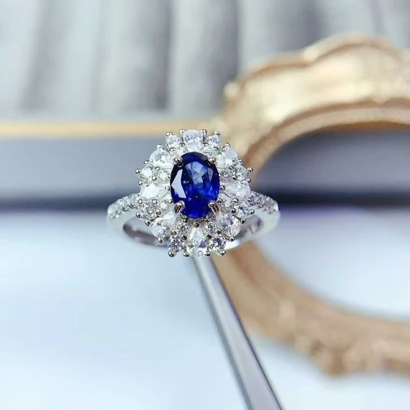 Luxury 925 Silver Sapphire Engagement Ring 5mm*7mm 0.7ct Genuine Blue Sapphire Ring with 18K Gold Plating