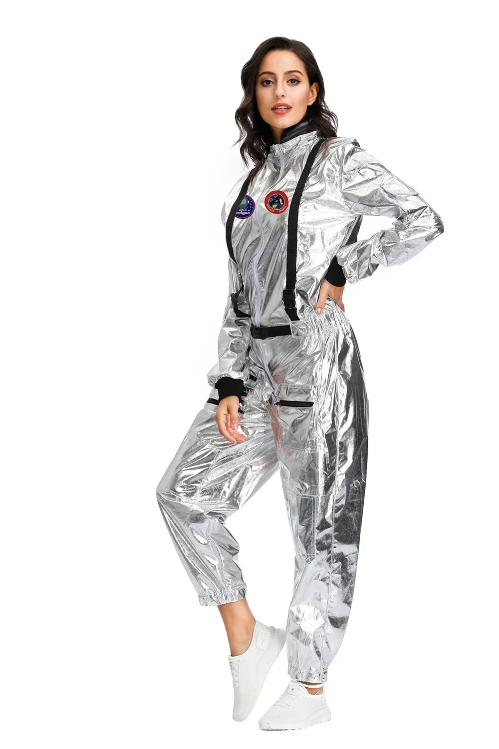 Disfraz de astronauta plateado para adultos, traje de astronauta para hombres y mujeres, mono espacial, disfraz de fiesta de Halloween