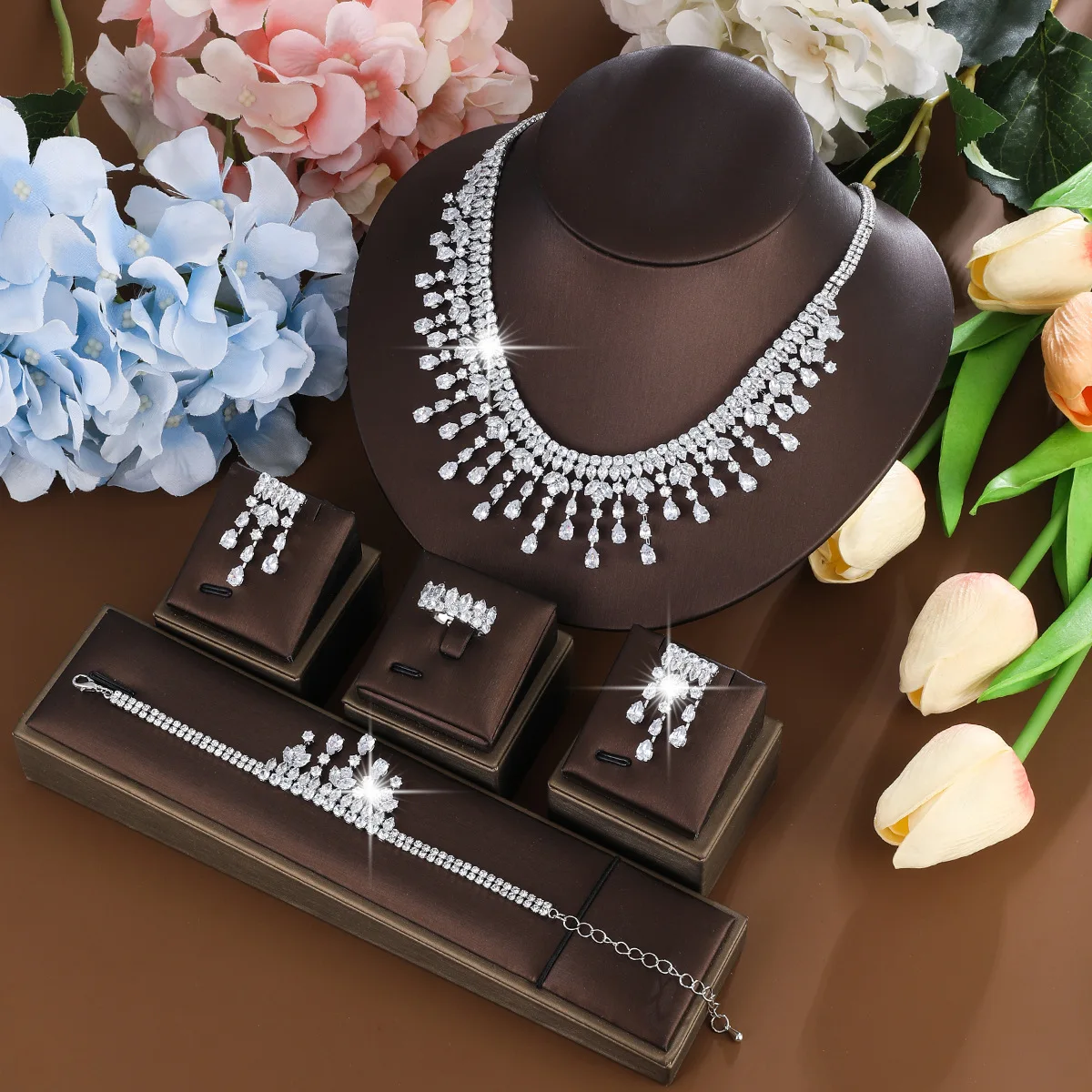 Shiny Water Drop Cubic Zircon 4Pcs Silver Jewelry Set Women Bridal Necklace Bracelet Earrings Ring  Party Dress Accessories Gift