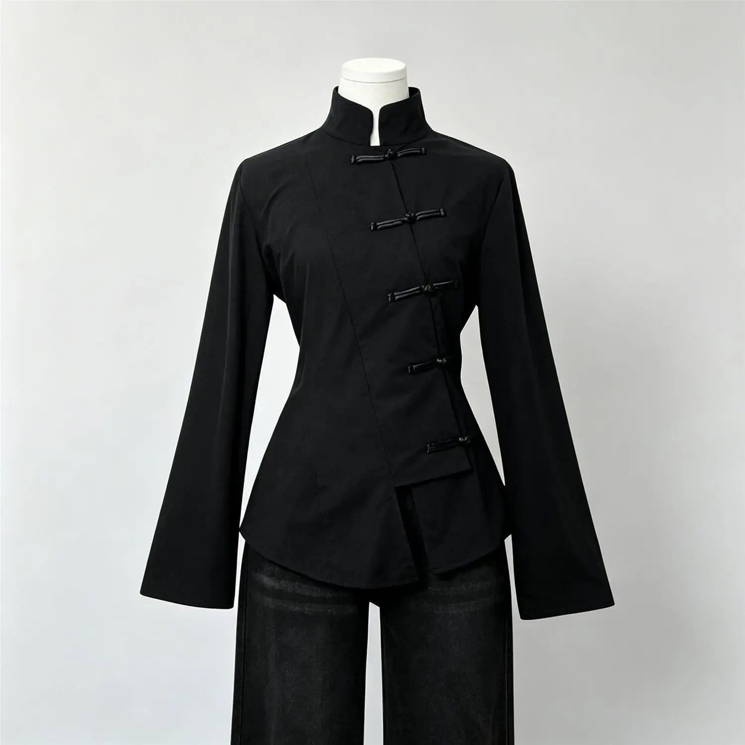 New Improved Tang Suit Diagonal Waist Top Women's Black Stand-up Collar Disc-buckled National Style Long-sleeved Shirt