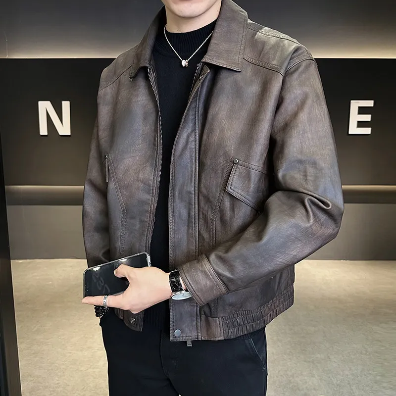 

Свободная модная мотоциклетная кожаная куртка для мужчин, осенняя коллекция 2025 года, новая стильная верхняя одежда из полиэфирного волокна на молнии