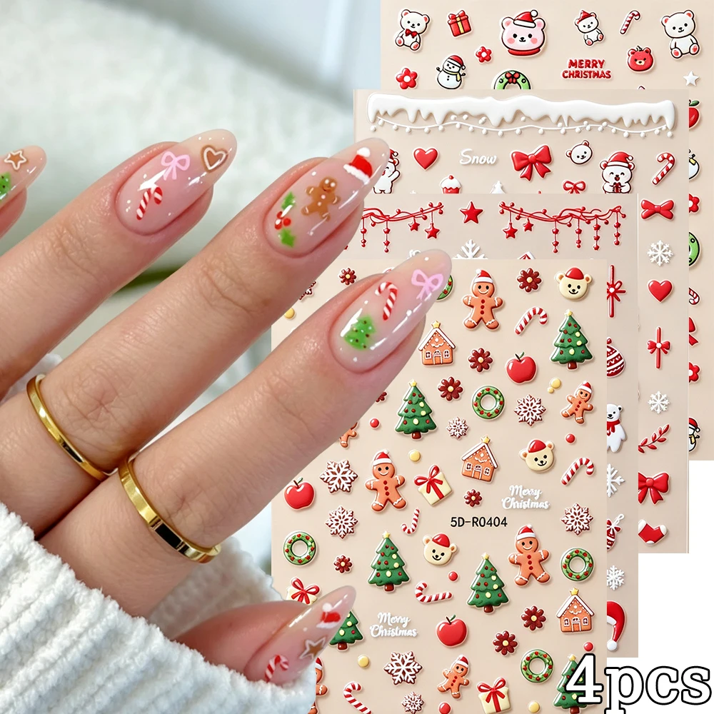 4Pcs Christmas 5D Nail Decals Cute Cartoon Bear Gingerbread Snowflake Pattern Nail Decals For DIY Festival Manicure Nail Sliders