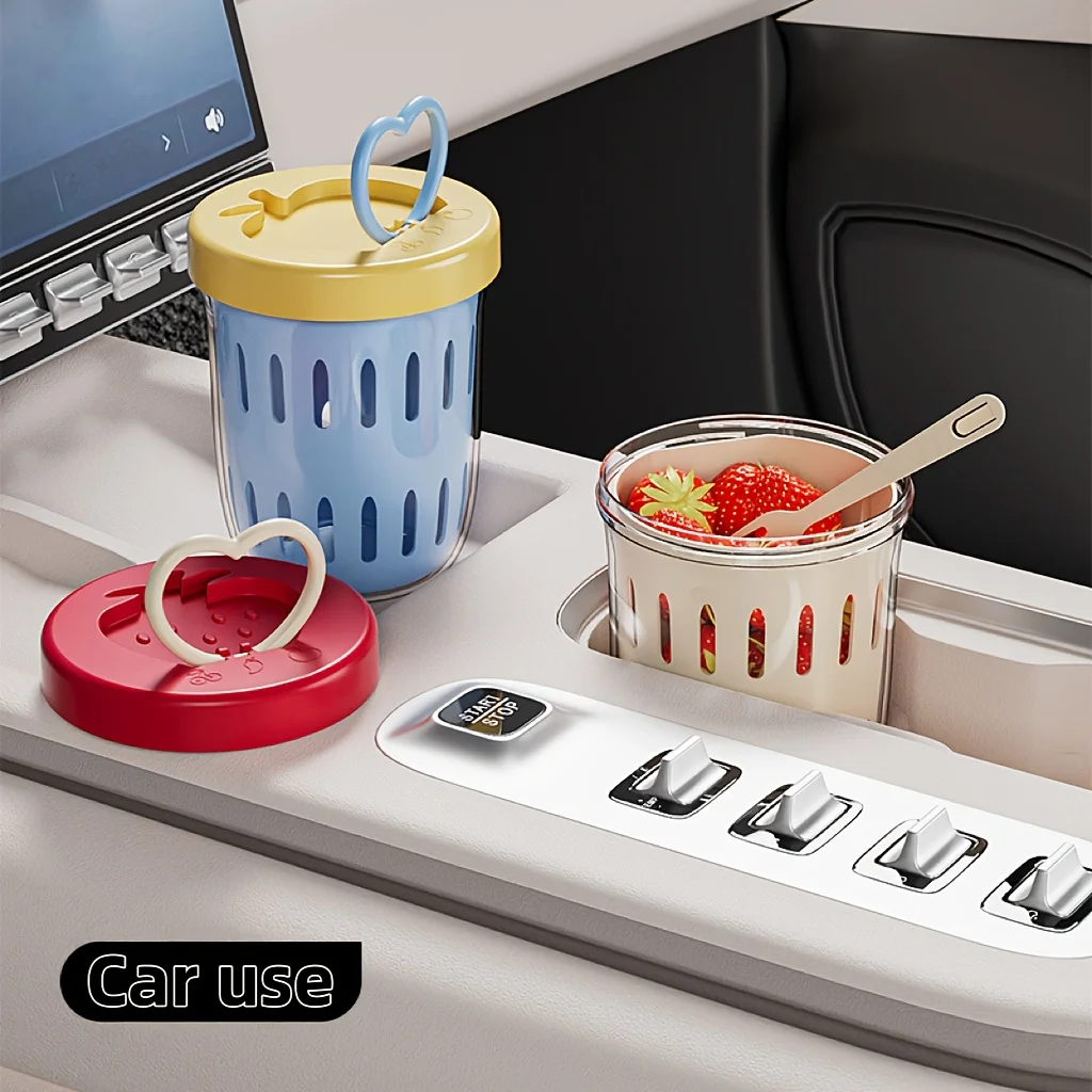 1pc Drippable Fruit Cup with Fork Portable Sealed Leak-proof Kitchen Picnic Box Double Layer Fruit Cup Drainage Salad Snack Cups