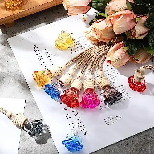 

50pcs Colorful Rose-Shaped Glass Car Hanging Diffusers For Essential Oils And Perfume Refills