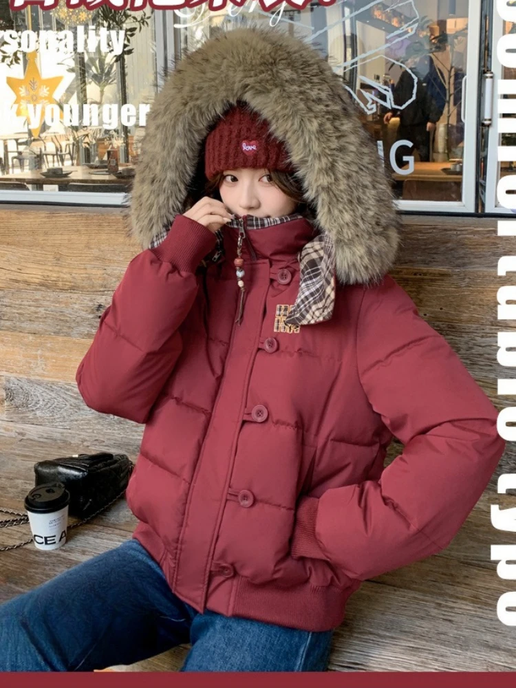 Winter Fleece Lining Warm Puffer Jacket Women New Design Plaid Hooded Big Fur Collar Short Cotton Padded Coat Jacket Loose Thick