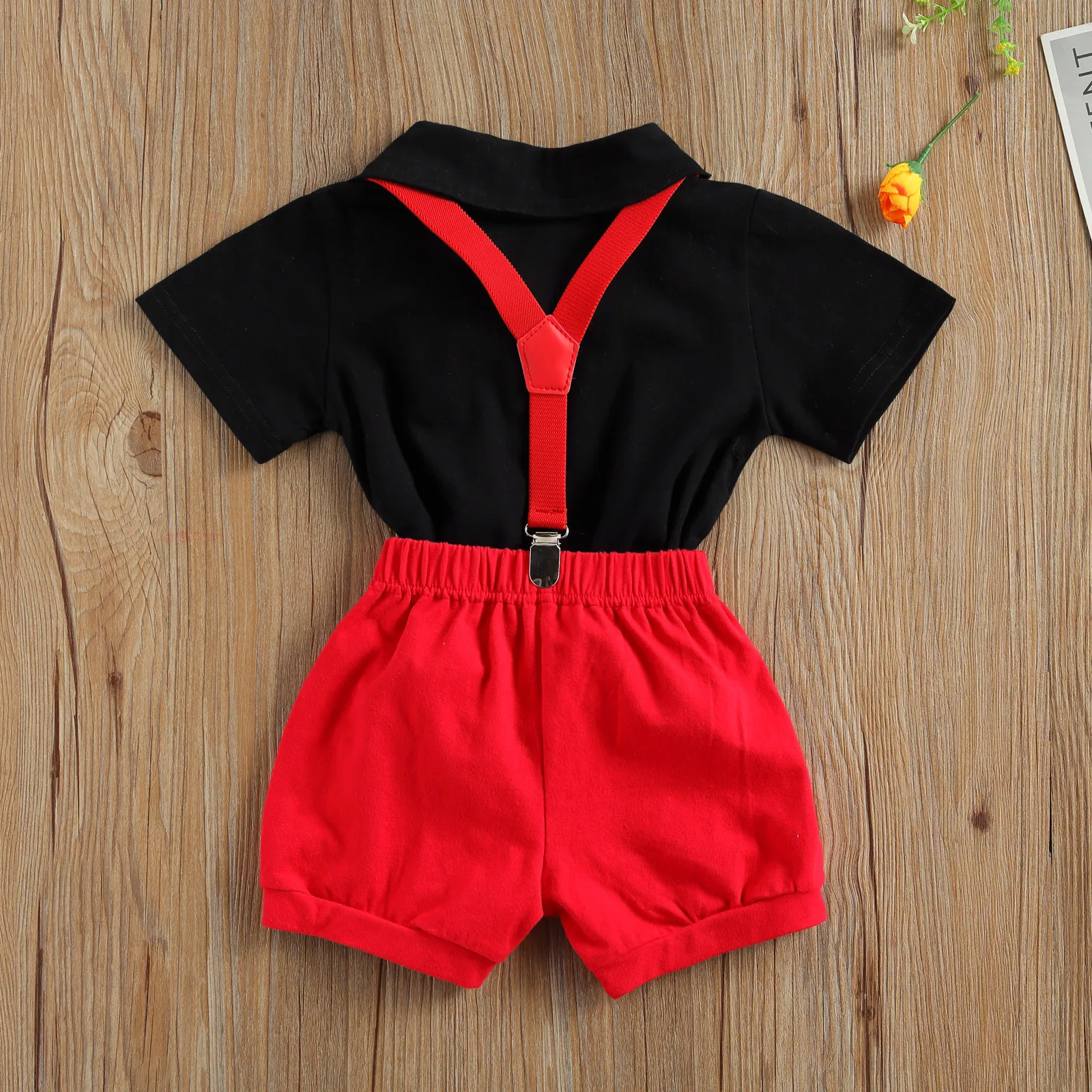 Summer Baby Boys Clothes Gentleman Set Short Sleeve Bow Tie Decorations Solid Color Romper with Suspenders Short Pants 2Pcs