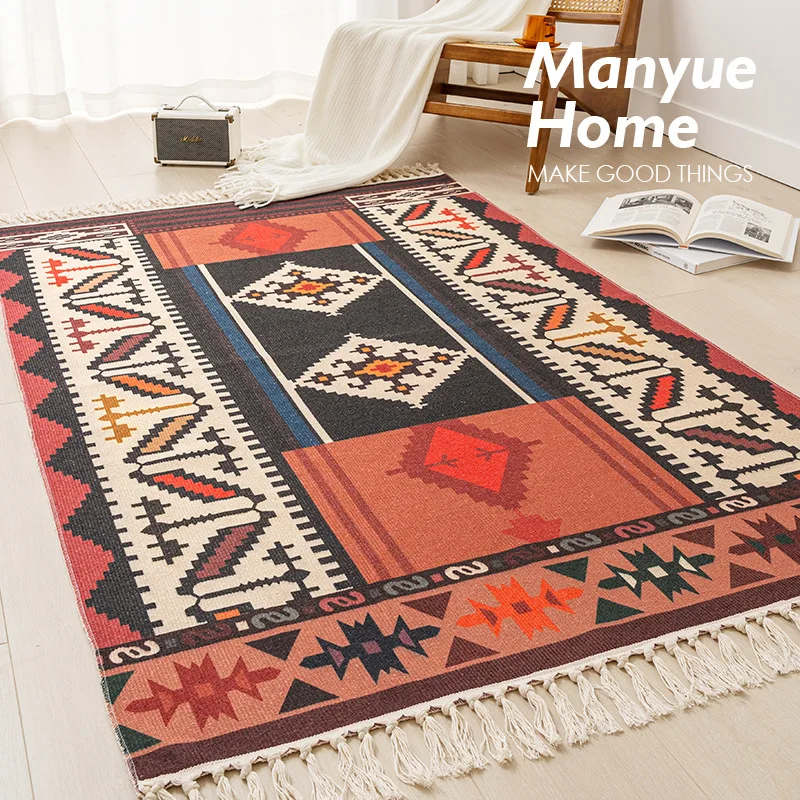 New Moroccan Cotton and Hemp Retro Floor Mat, Bedroom Bedside Foot Mat, Multi Functional Living Room Sofa, Tea Table Carpet