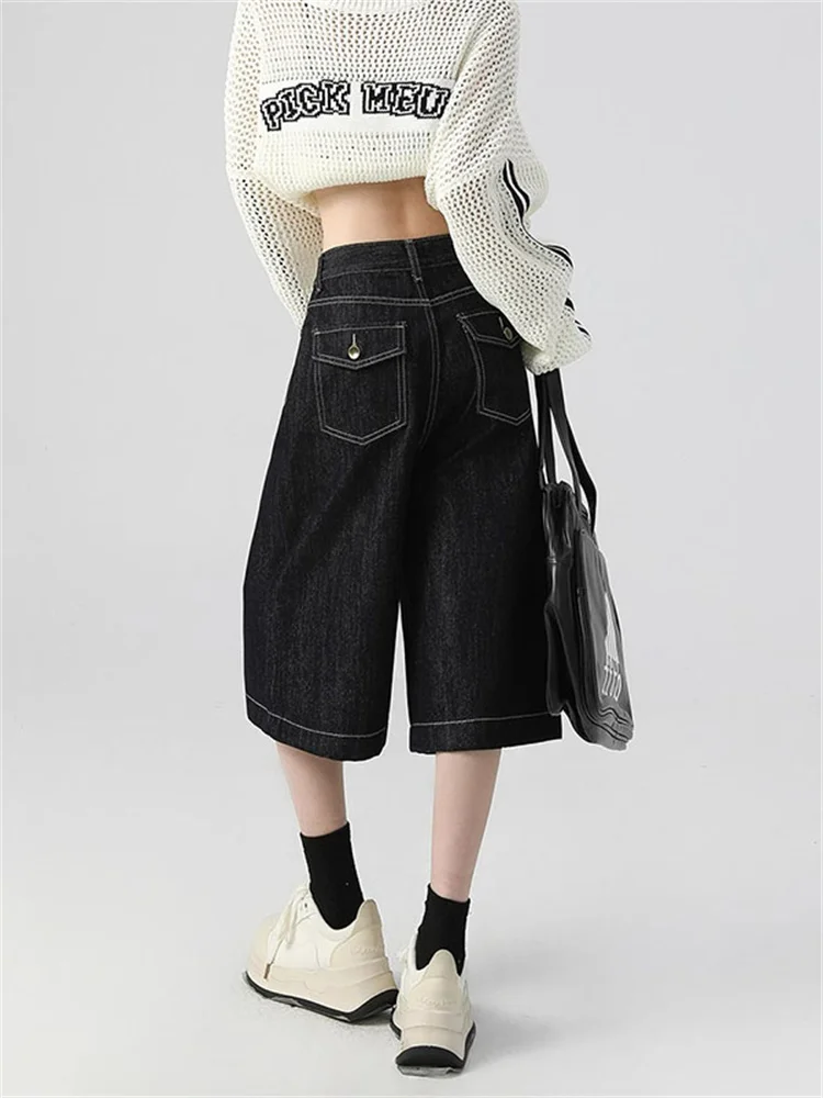 

High Waist Wide Leg Five-Point Women's Jeans American Style Spring plus Size Slim Straight Seven-Foot Medium Pants