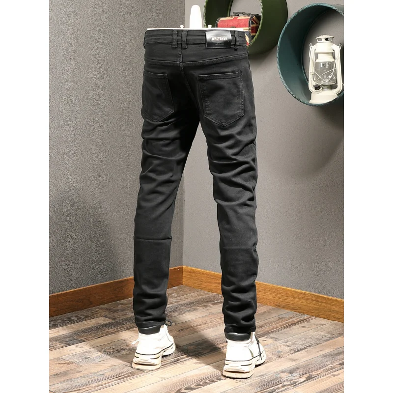 

High end black jeans men's trendy brand fashionable street elastic hole patch slim fit small feet and handsome pants
