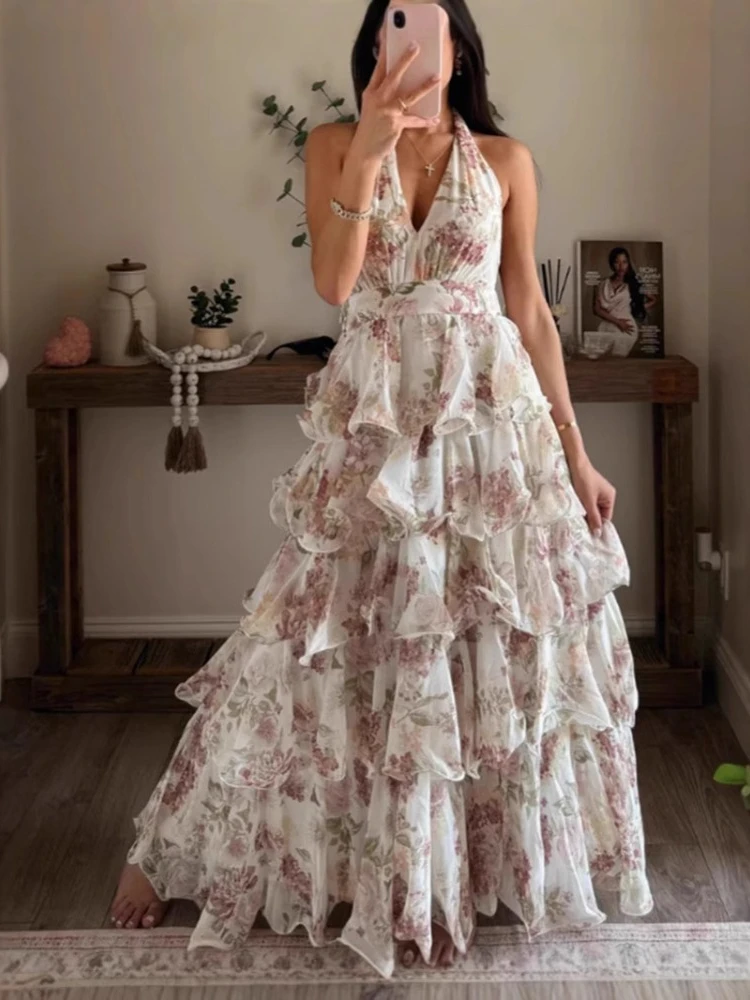 Spring New Women's Dress Fashionable and Sexy V-neck Suspender Hanging Neck Sleeveless Multi-layer Printed Dress Long Skirt