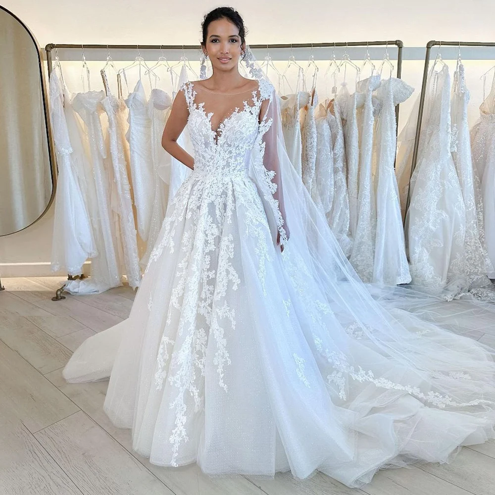 Vestido de novia de lujo con apliques de color marfil, vestidos de novia con purpurina y escote redondo de tul para novia, vestidos de novia con cola de corte sin espalda