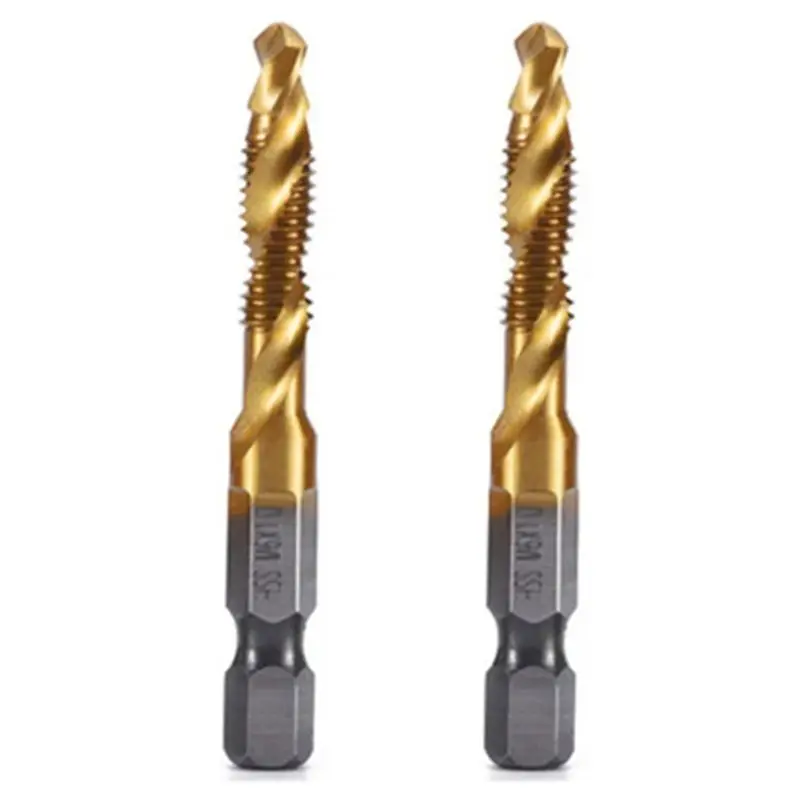 HLZS-2Pcs M6x1mm Hex Shank Titanium Plated HSS Screw Thread Metric Tap Drill Bits Screw Machine Compound Tap Open Chamfer