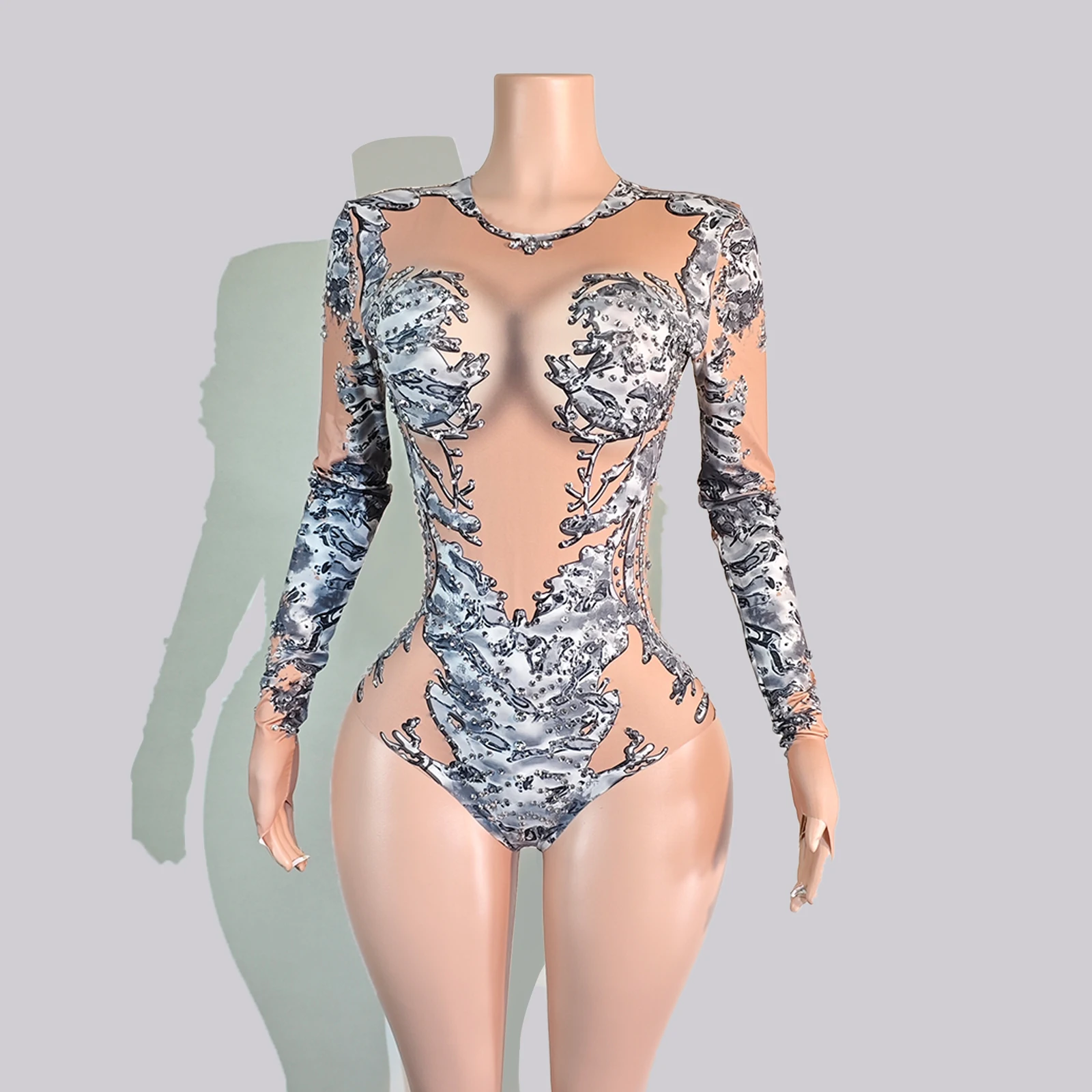 

Showgirl Costume Sparkle White Rhinestones Black Printed Bodysuit Long Sleeve Body Drag Nightclub Bar Singer Birthday Festival