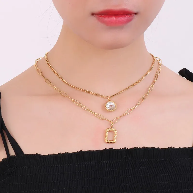 Double Chain Stainless Steel Necklace For Women Multiple Color Square Round Glass Curb Pendant Choker Mujer Jewelry Wholesale